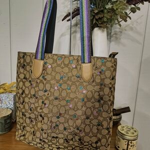 Coach Brown Patterned Shoulder Bag with Multicolor Straps